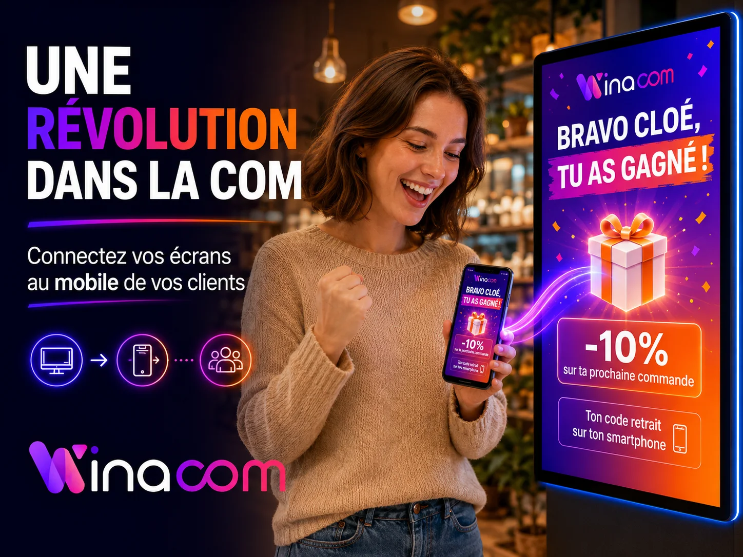 Winacom, une révolution dans la communication : une cliente gagne une remise sur le totem et reçoit son code sur son smartphone