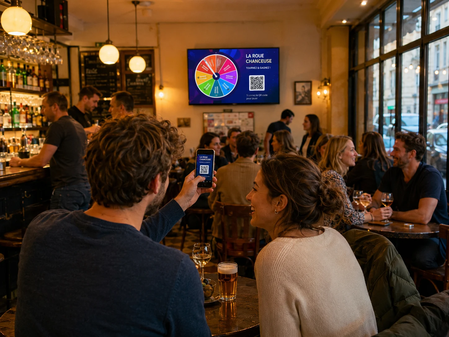 Roue de la chance Winacom sur écran dans un bar : un client scanne le QR code pour jouer