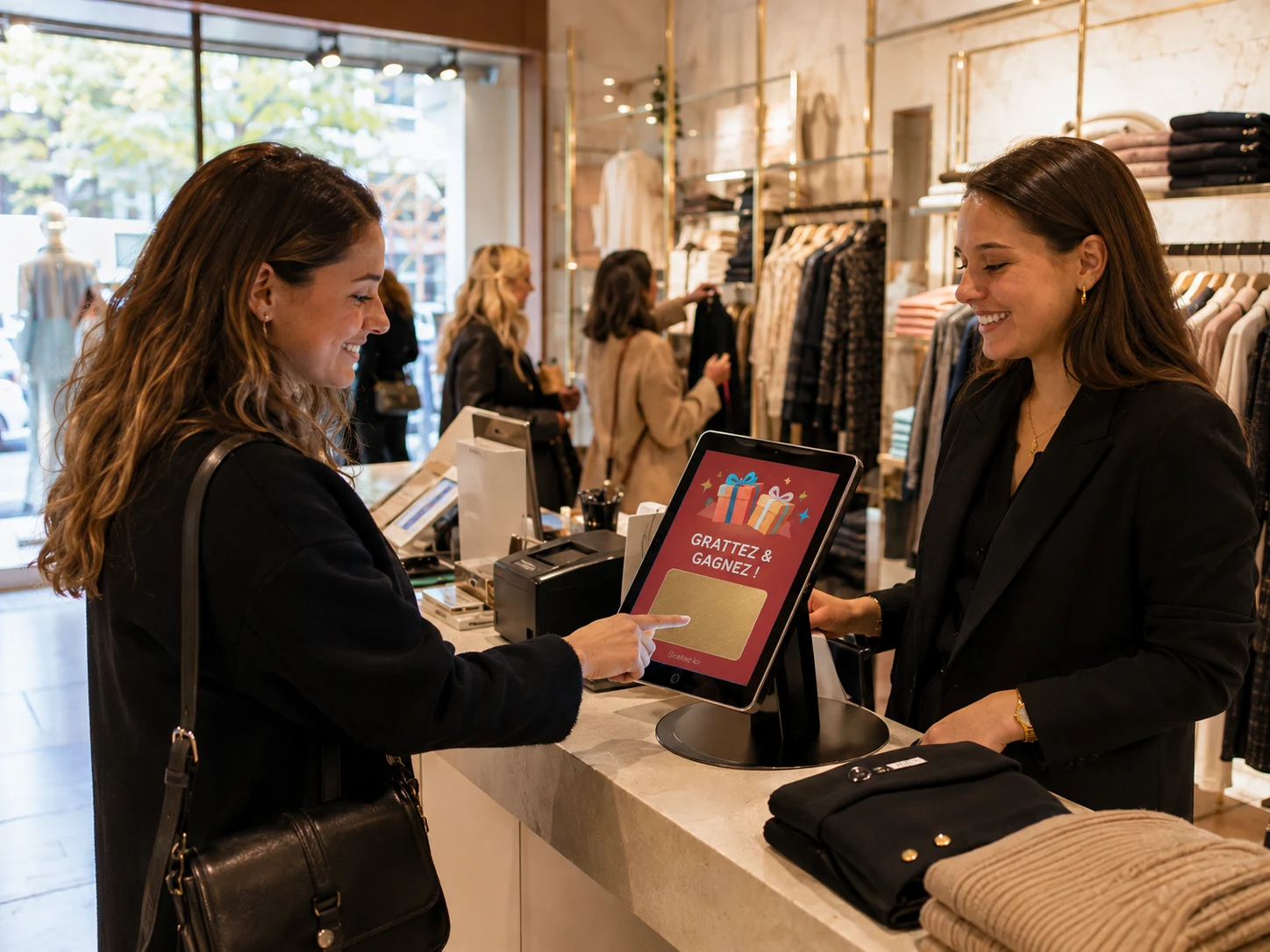 Carte à gratter Winacom sur borne au comptoir d’une boutique de prêt-à-porter