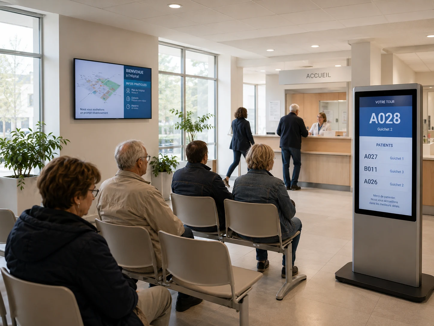 Écrans d’accueil et de file d’attente Winacom dans le hall d’un hôpital