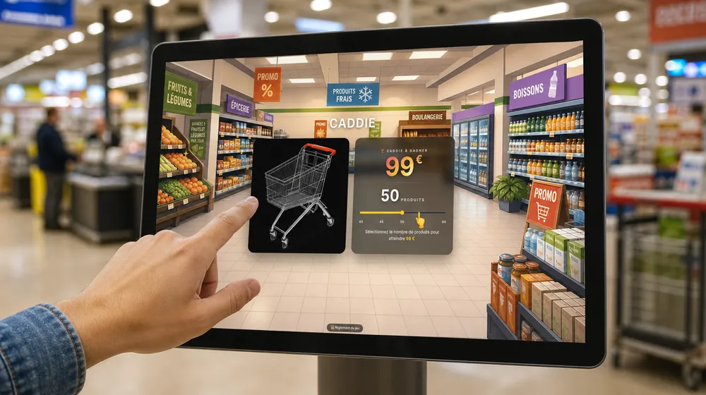 Client jouant à la roue de la chance sur une borne tactile en magasin