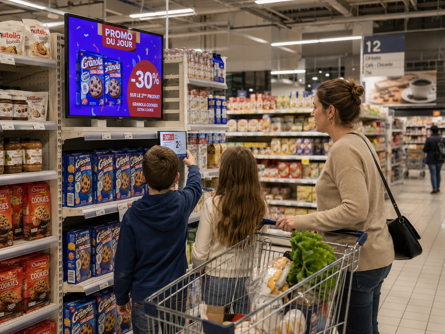 Écran de promo du jour Winacom dans un rayon de supermarché